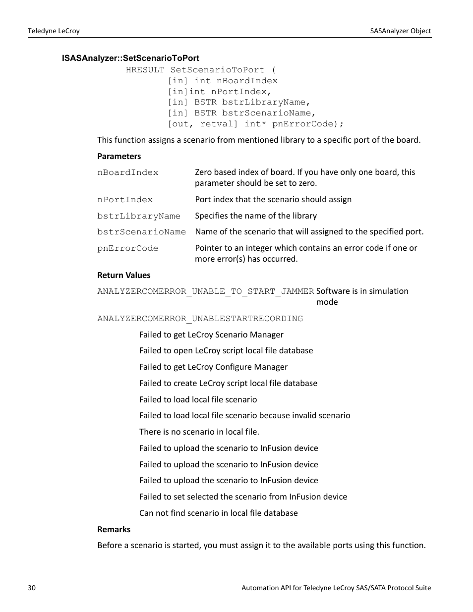 Isasanalyzer::setscenariotoport | Teledyne LeCroy SAS_SATA Automation API manual User Manual | Page 36 / 150