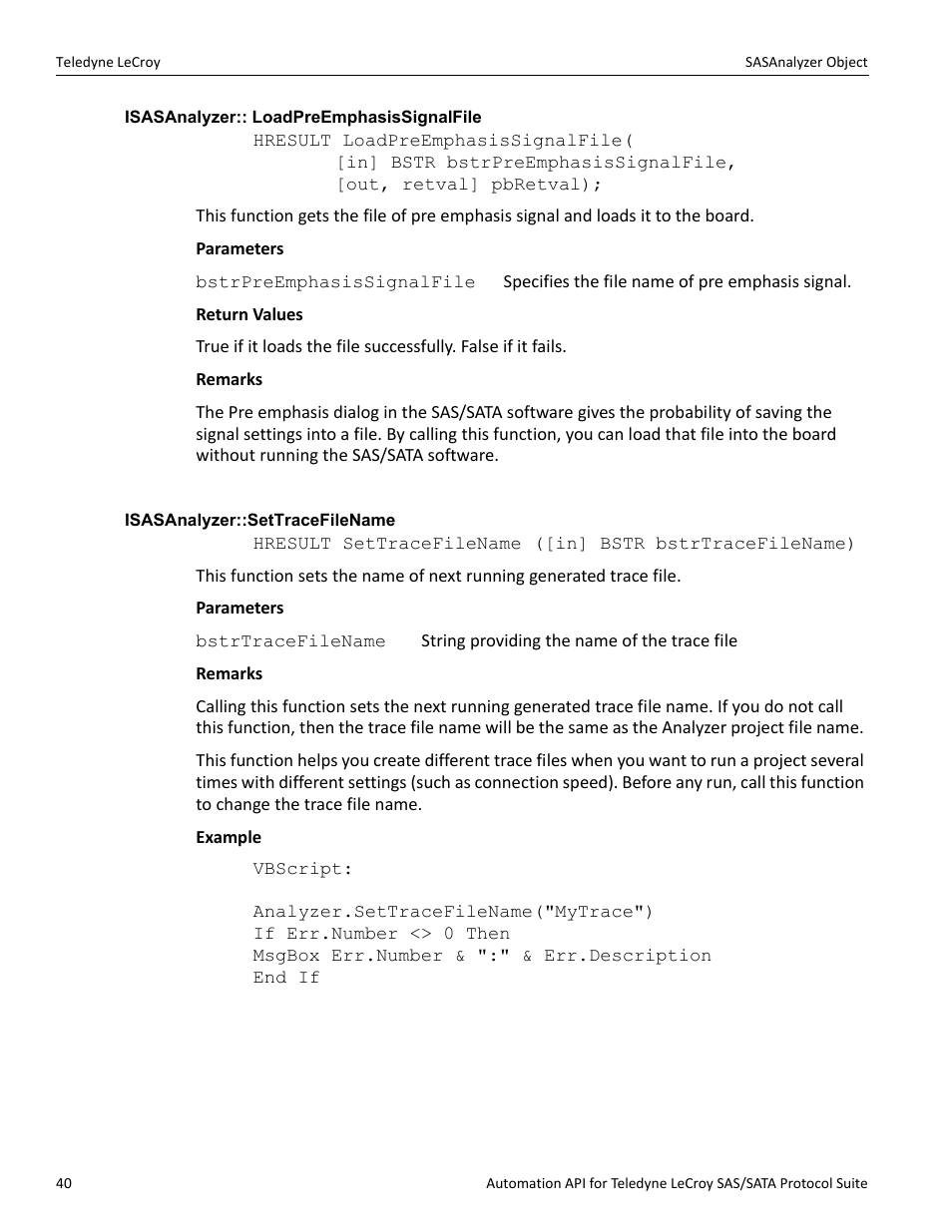 Isasanalyzer:: loadpreemphasissignalfile, Isasanalyzer::settracefilename | Teledyne LeCroy SAS_SATA Automation API manual User Manual | Page 46 / 150
