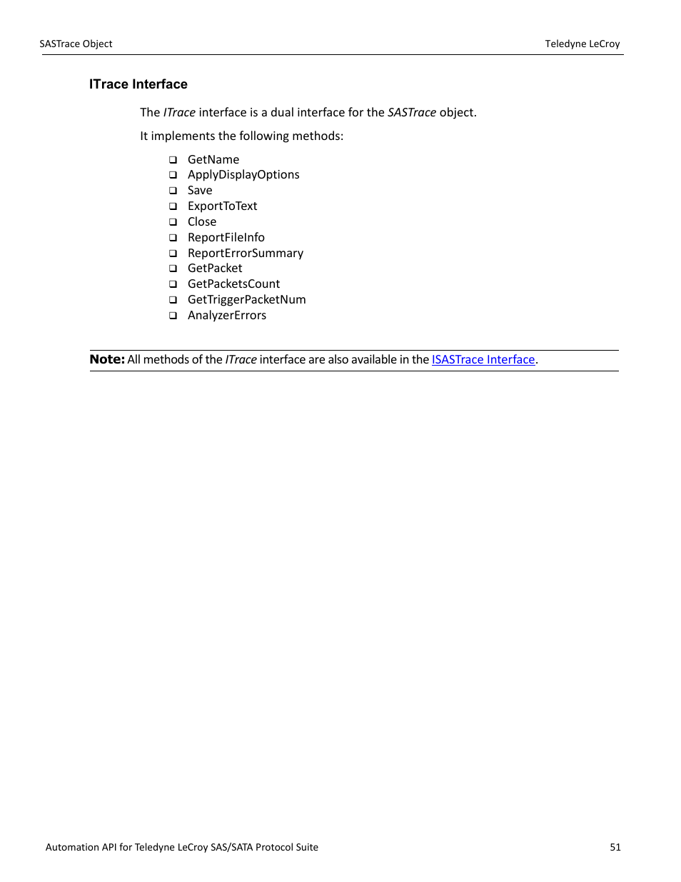 Itrace interface | Teledyne LeCroy SAS_SATA Automation API manual User Manual | Page 57 / 150