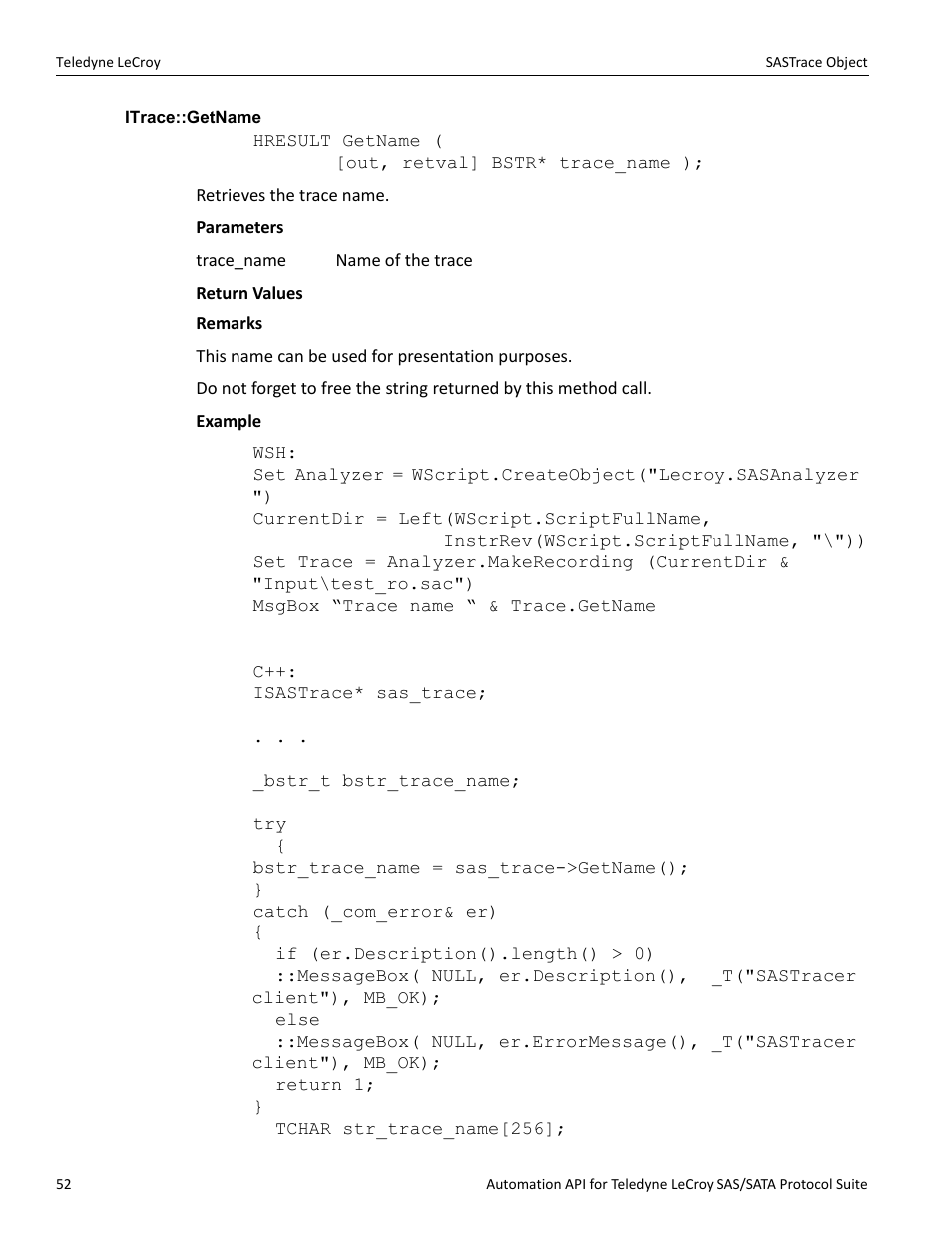 Itrace::getname | Teledyne LeCroy SAS_SATA Automation API manual User Manual | Page 58 / 150