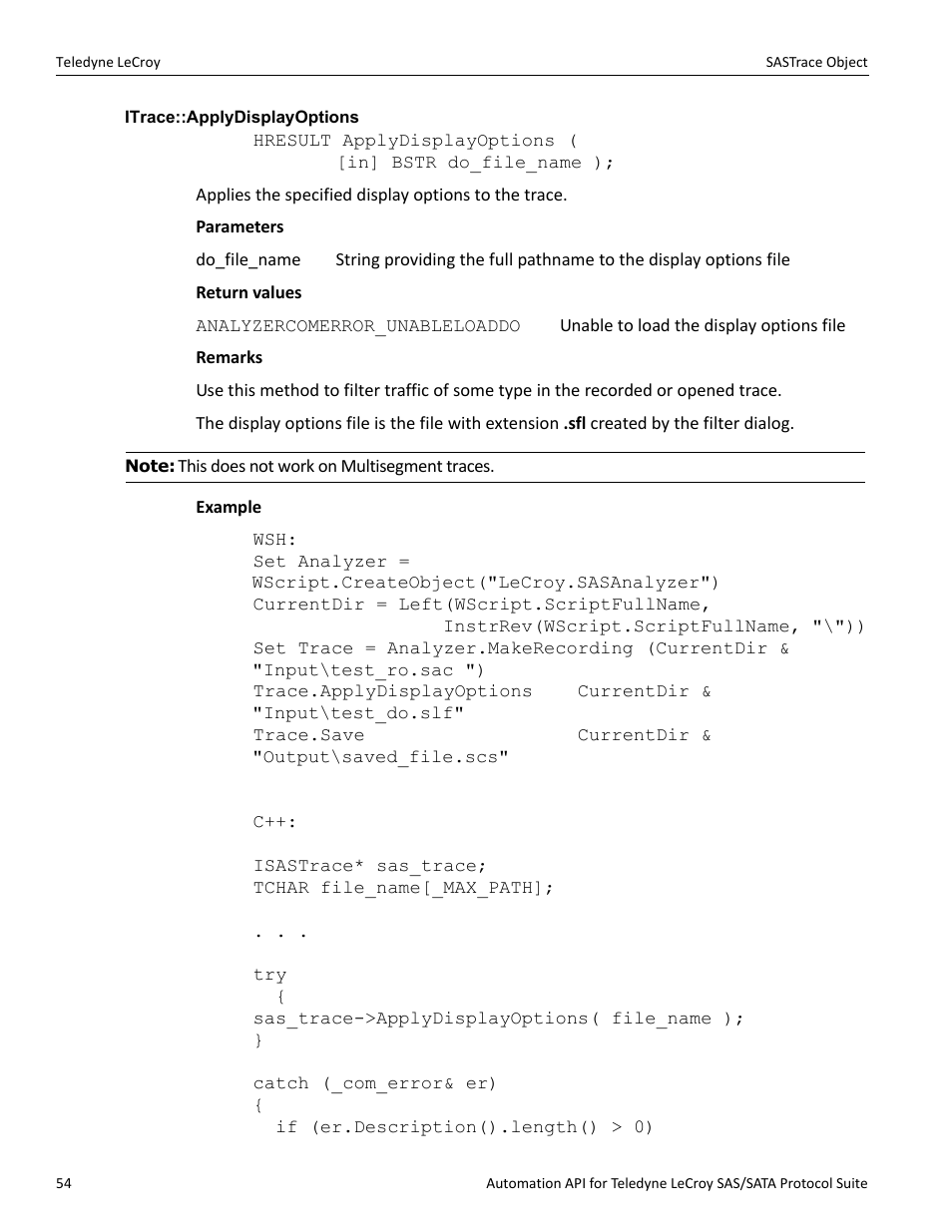 Itrace::applydisplayoptions | Teledyne LeCroy SAS_SATA Automation API manual User Manual | Page 60 / 150
