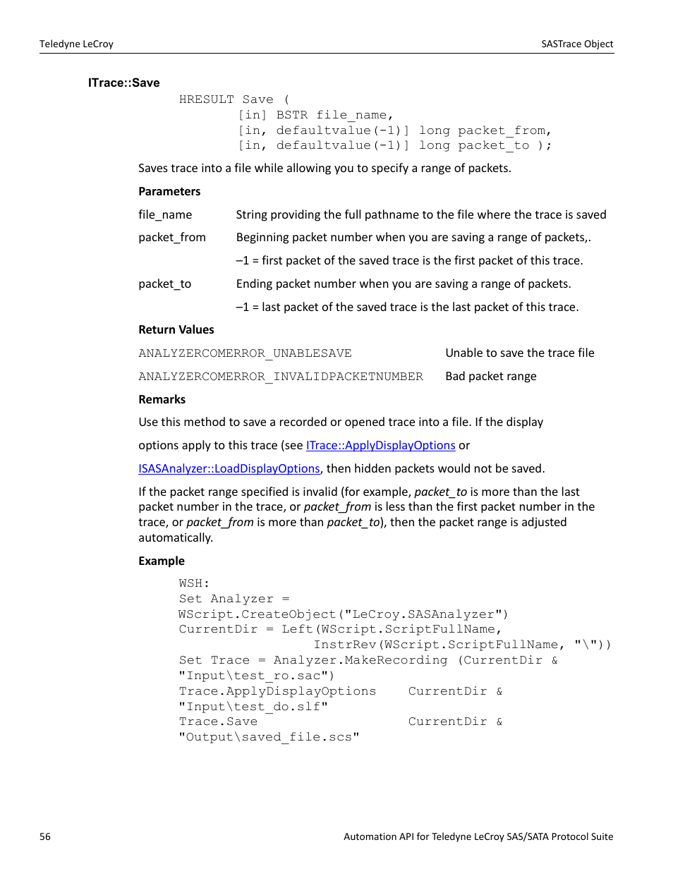 Itrace::save | Teledyne LeCroy SAS_SATA Automation API manual User Manual | Page 62 / 150