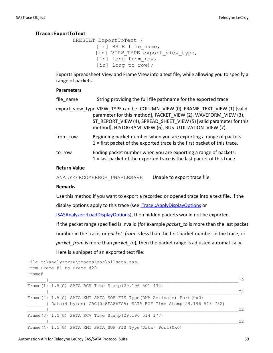 Itrace::exporttotext | Teledyne LeCroy SAS_SATA Automation API manual User Manual | Page 65 / 150