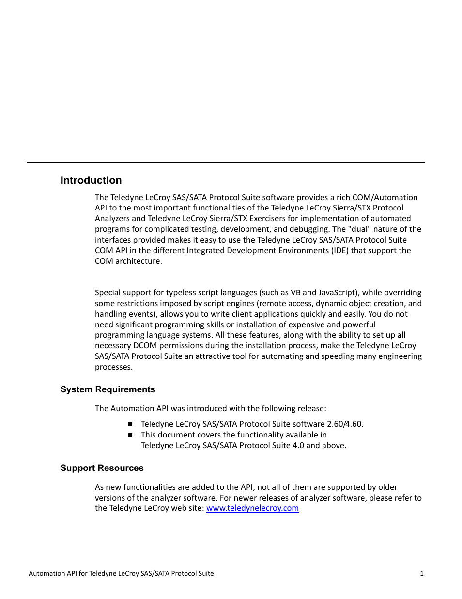 Introduction, System requirements, Support resources | System requirements support resources | Teledyne LeCroy SAS_SATA Automation API manual User Manual | Page 7 / 150