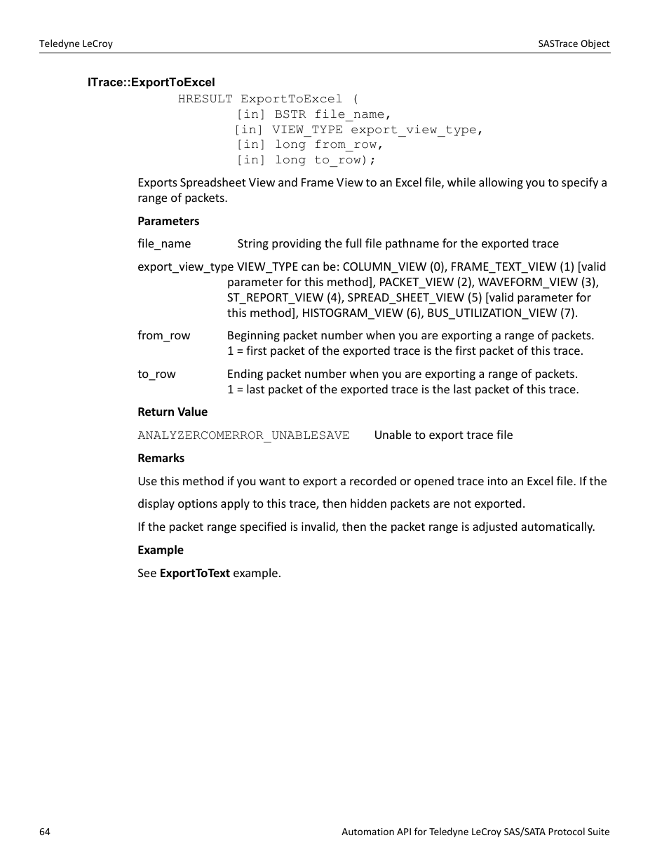 Itrace::exporttoexcel | Teledyne LeCroy SAS_SATA Automation API manual User Manual | Page 70 / 150