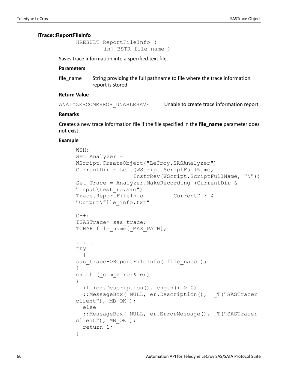 Itrace::reportfileinfo | Teledyne LeCroy SAS_SATA Automation API manual User Manual | Page 72 / 150