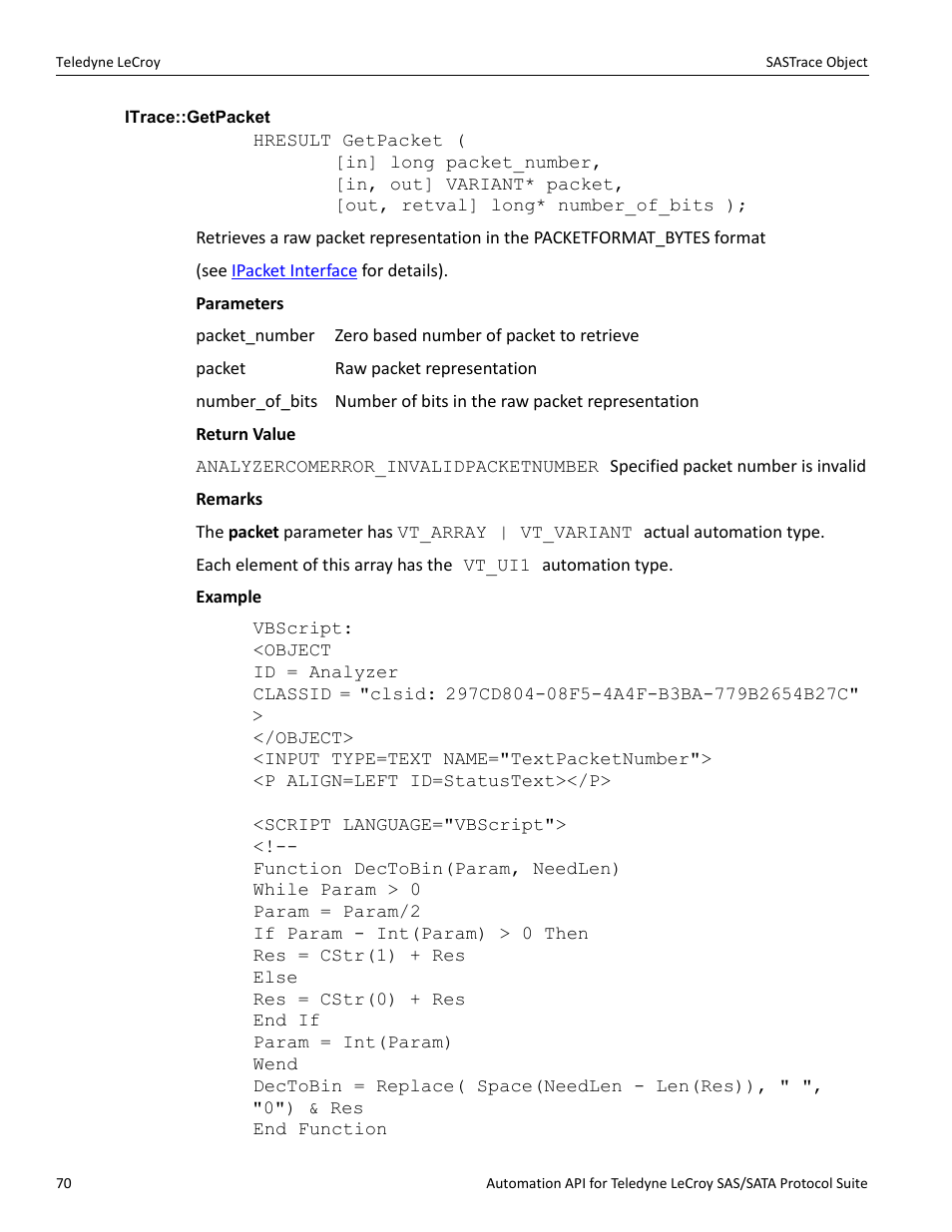 Itrace::getpacket | Teledyne LeCroy SAS_SATA Automation API manual User Manual | Page 76 / 150
