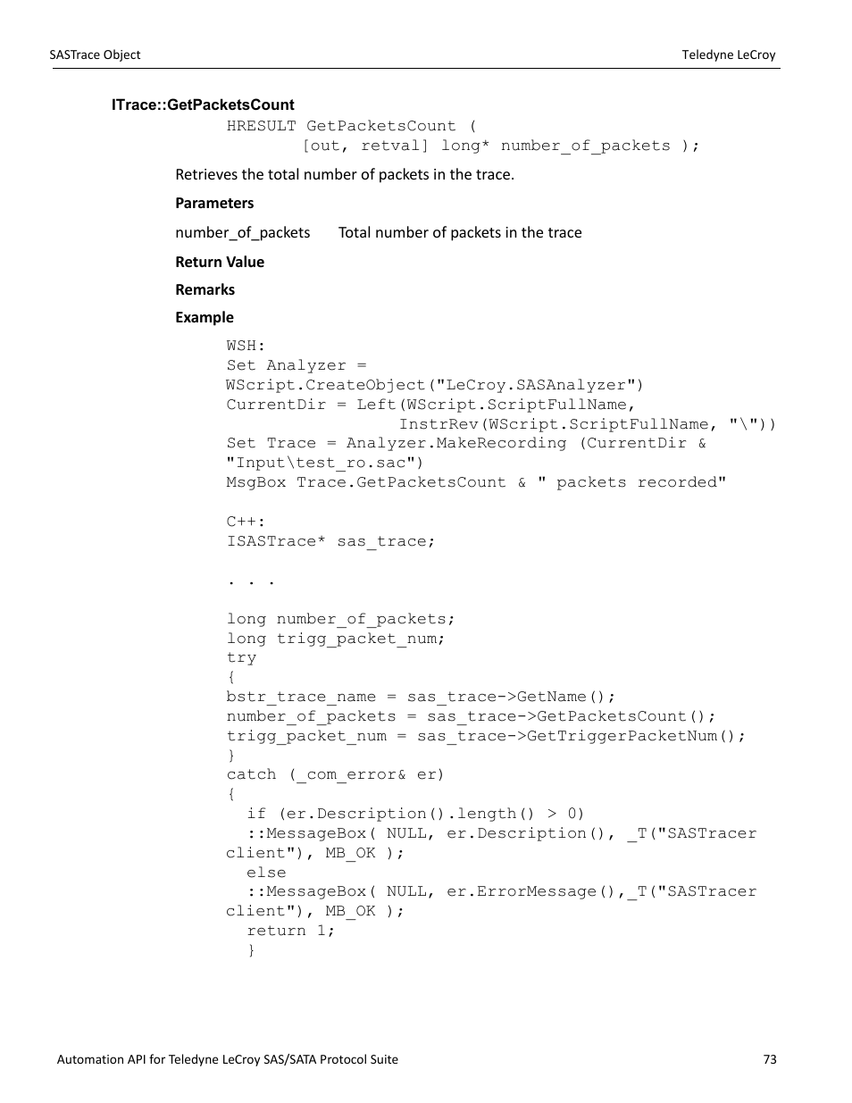 Itrace::getpacketscount | Teledyne LeCroy SAS_SATA Automation API manual User Manual | Page 79 / 150