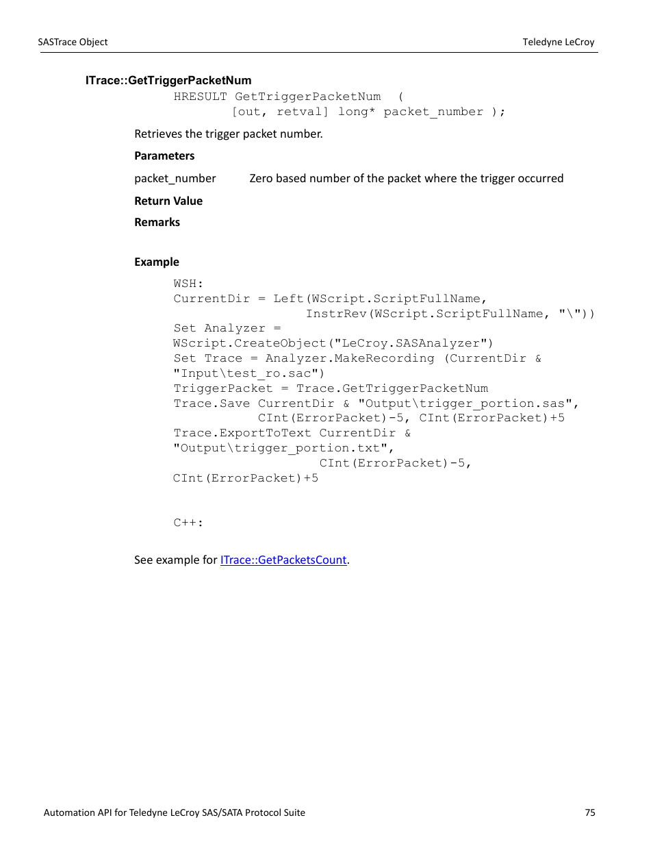 Itrace::gettriggerpacketnum | Teledyne LeCroy SAS_SATA Automation API manual User Manual | Page 81 / 150