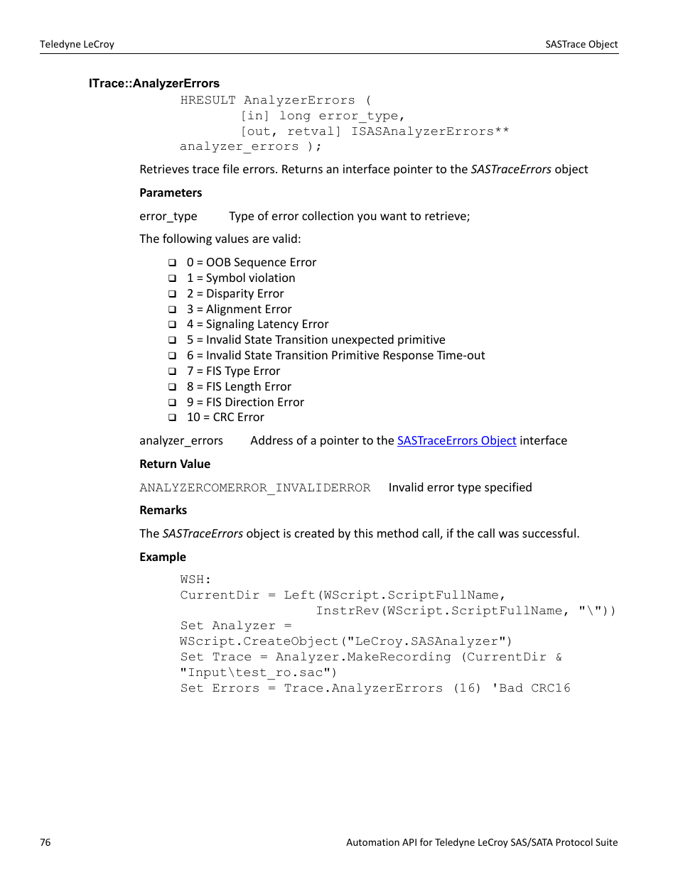 Itrace::analyzererrors | Teledyne LeCroy SAS_SATA Automation API manual User Manual | Page 82 / 150