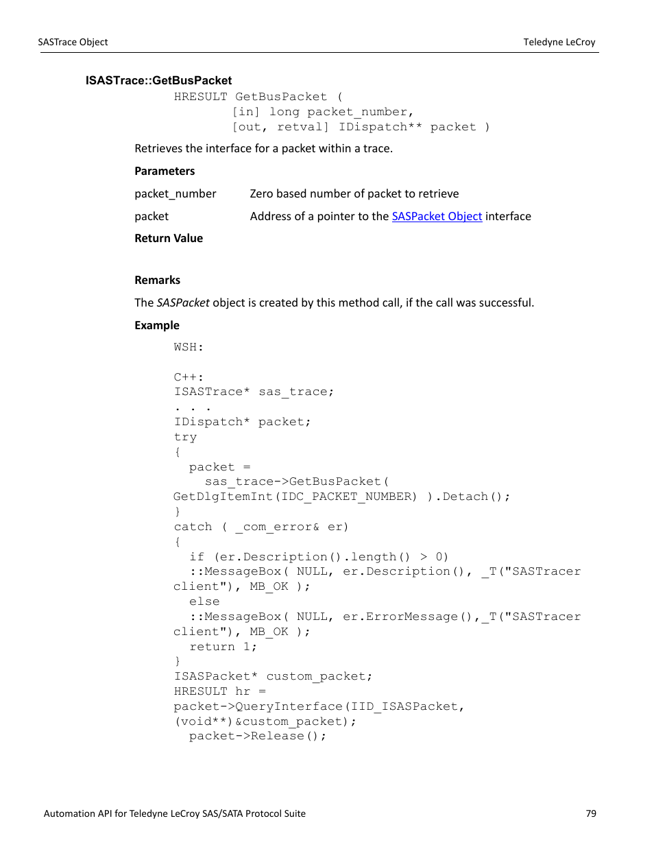 Isastrace::getbuspacket | Teledyne LeCroy SAS_SATA Automation API manual User Manual | Page 85 / 150