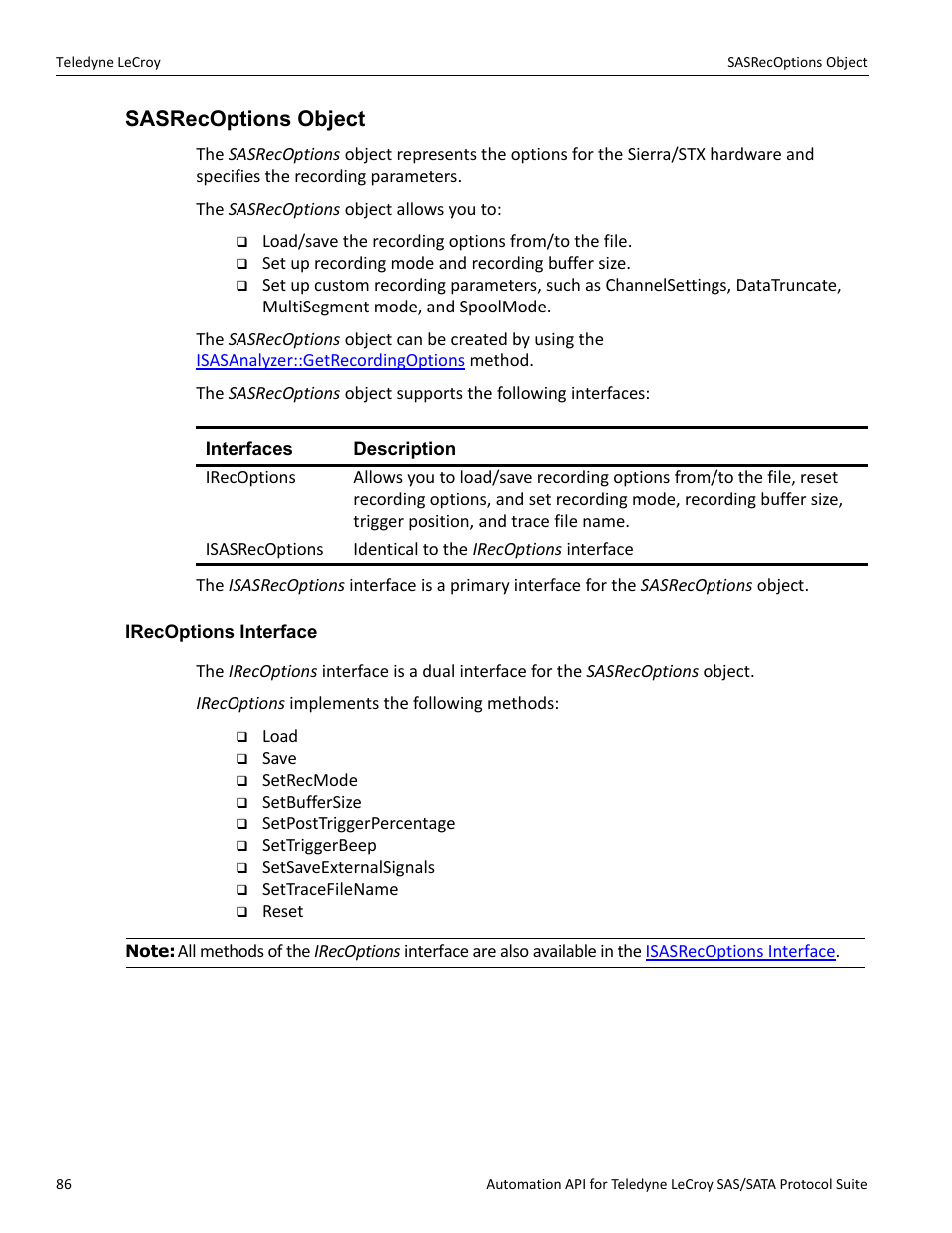 Sasrecoptions object, Irecoptions interface | Teledyne LeCroy SAS_SATA Automation API manual User Manual | Page 92 / 150