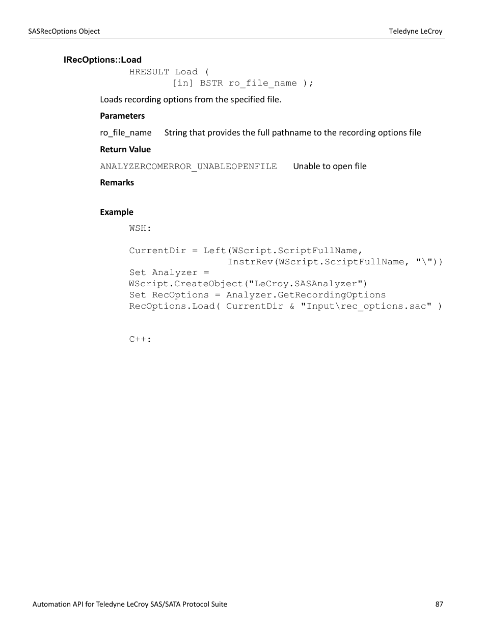 Irecoptions::load | Teledyne LeCroy SAS_SATA Automation API manual User Manual | Page 93 / 150