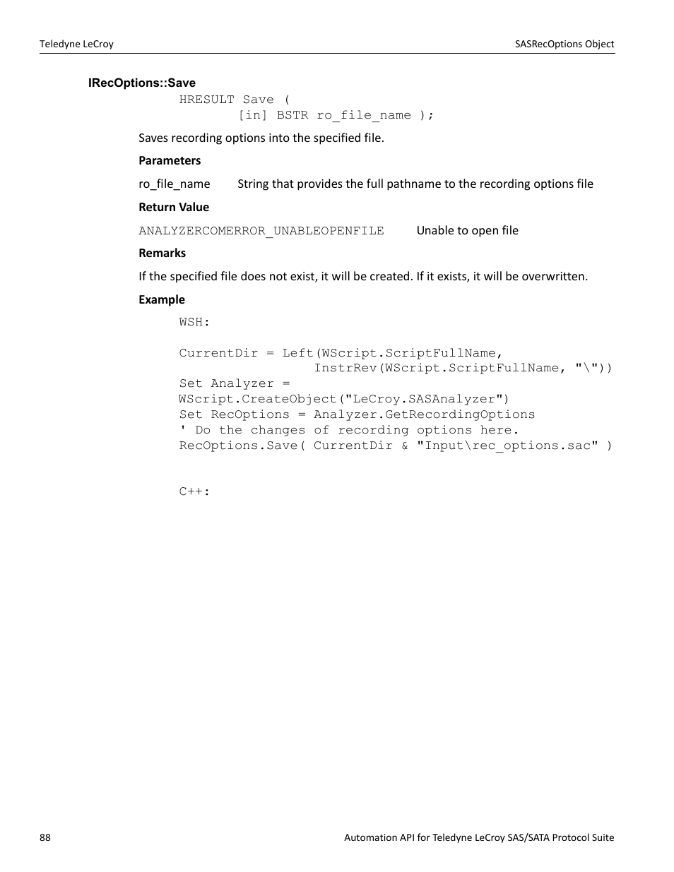 Irecoptions::save | Teledyne LeCroy SAS_SATA Automation API manual User Manual | Page 94 / 150