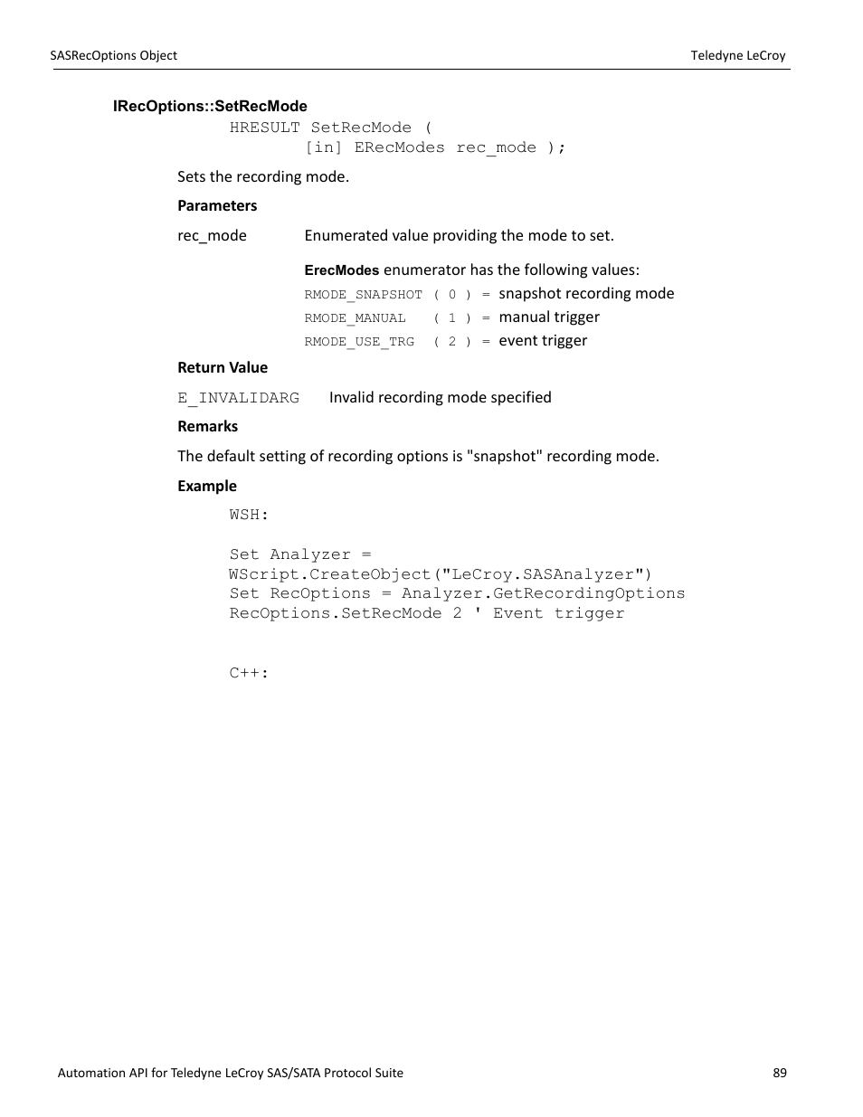 Irecoptions::setrecmode | Teledyne LeCroy SAS_SATA Automation API manual User Manual | Page 95 / 150