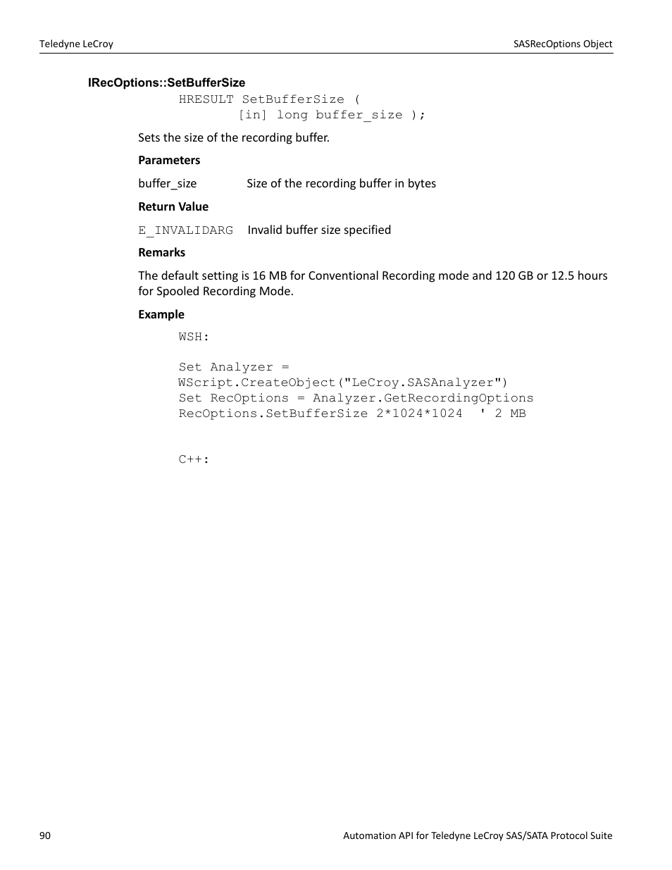 Irecoptions::setbuffersize | Teledyne LeCroy SAS_SATA Automation API manual User Manual | Page 96 / 150