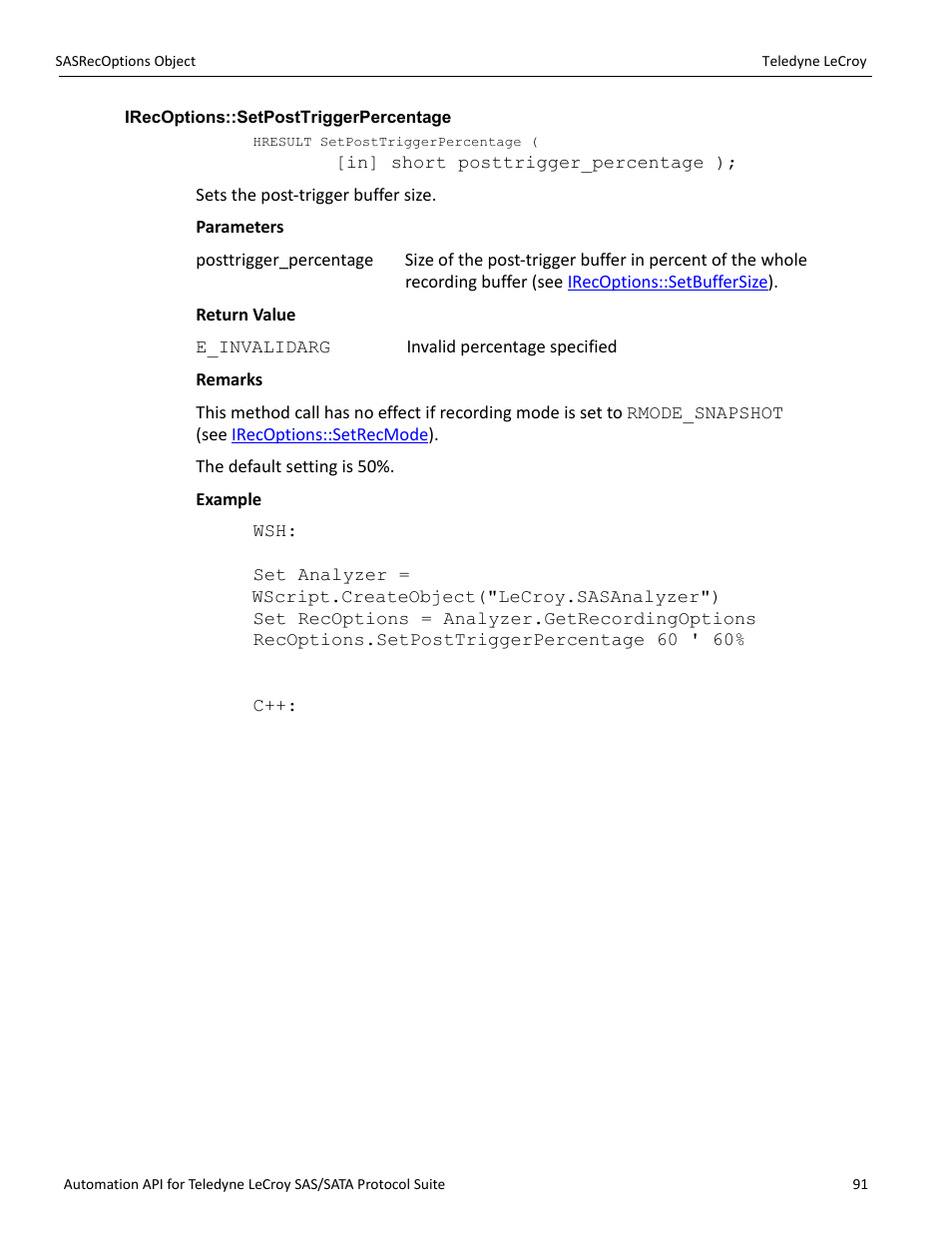 Irecoptions::setposttriggerpercentage | Teledyne LeCroy SAS_SATA Automation API manual User Manual | Page 97 / 150