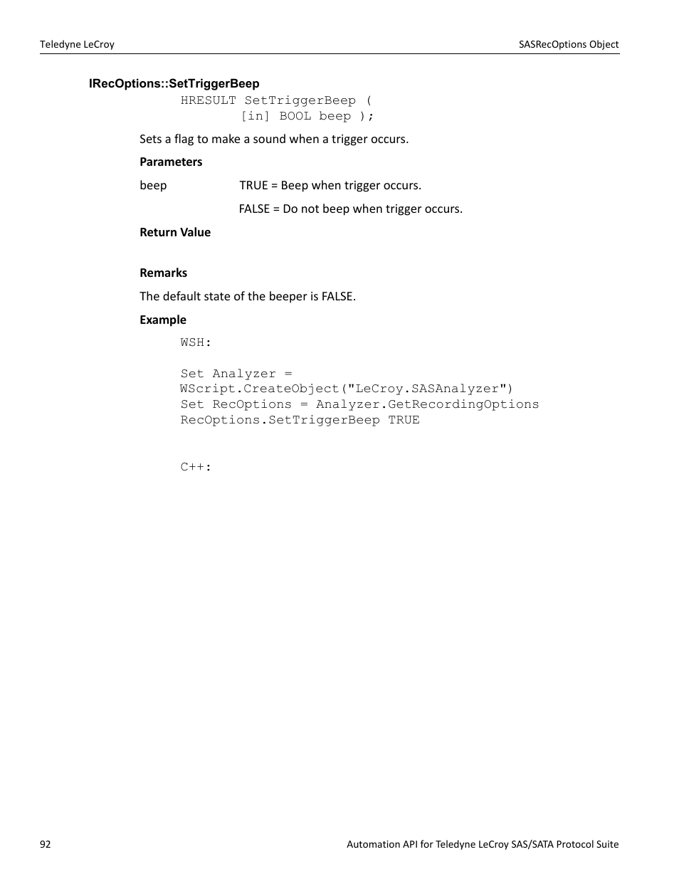 Irecoptions::settriggerbeep | Teledyne LeCroy SAS_SATA Automation API manual User Manual | Page 98 / 150
