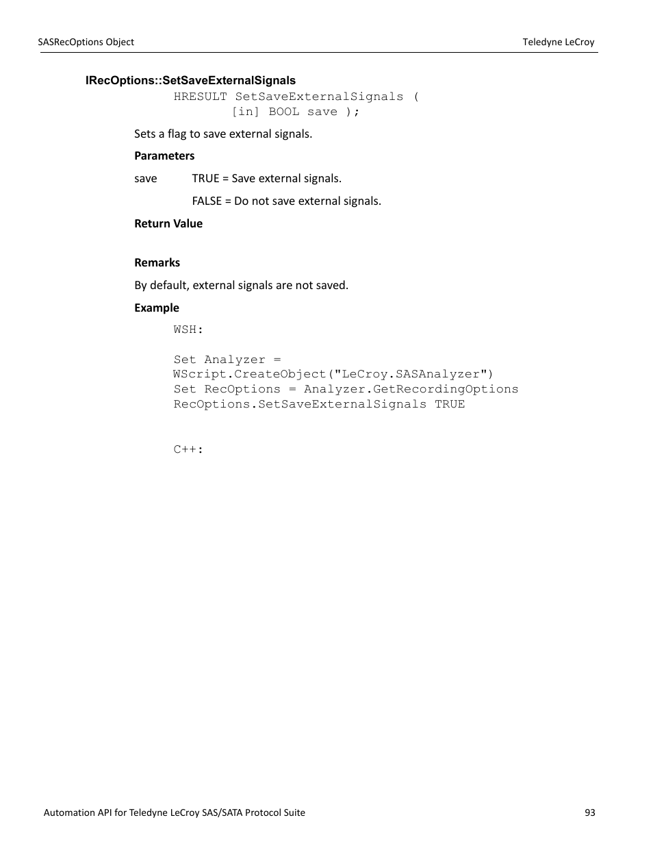 Irecoptions::setsaveexternalsignals | Teledyne LeCroy SAS_SATA Automation API manual User Manual | Page 99 / 150