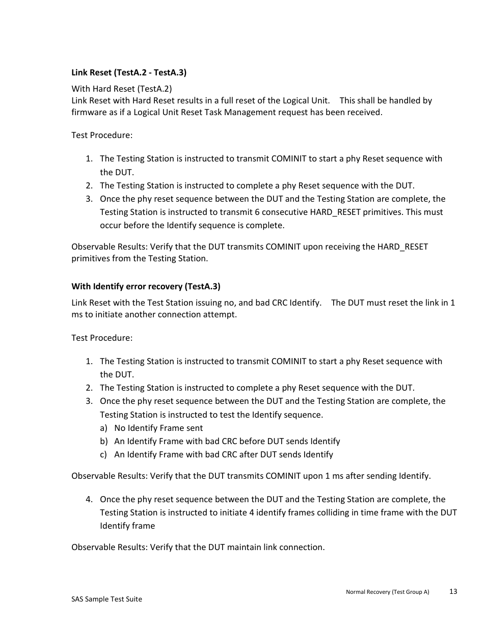 Normal recovery (test group a), Link reset (testa.2 - testa.3), With identify error recovery (testa.3) | Teledyne LeCroy SAS Sample Test Suite User Manual | Page 13 / 109