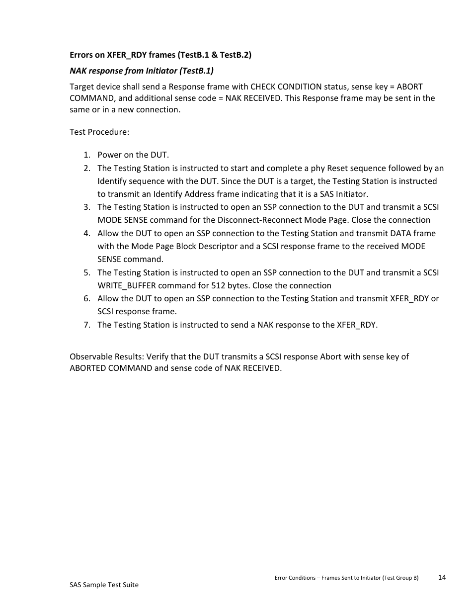 Nak response from initiator (testb.1), Errors on xfer_rdy frames (testb.1 & testb.2) | Teledyne LeCroy SAS Sample Test Suite User Manual | Page 14 / 109