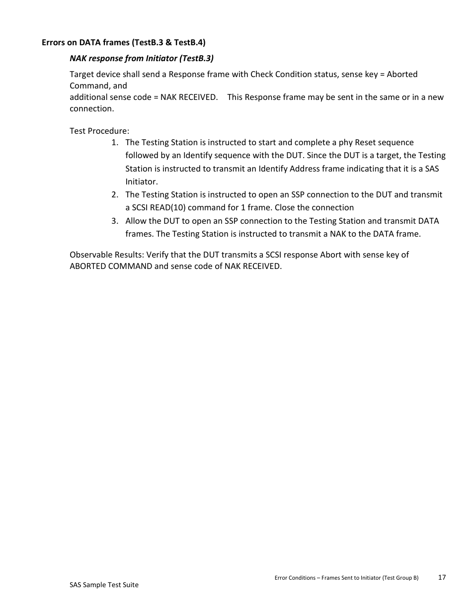 Errors on data frames (testb.3 & testb.4), Nak response from initiator (testb.3) | Teledyne LeCroy SAS Sample Test Suite User Manual | Page 17 / 109