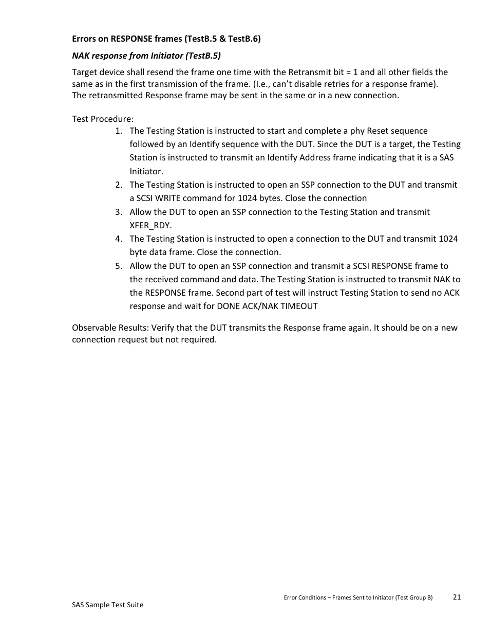 Nak response from initiator (testb.5), Errors on response frames (testb.5 & testb.6) | Teledyne LeCroy SAS Sample Test Suite User Manual | Page 21 / 109