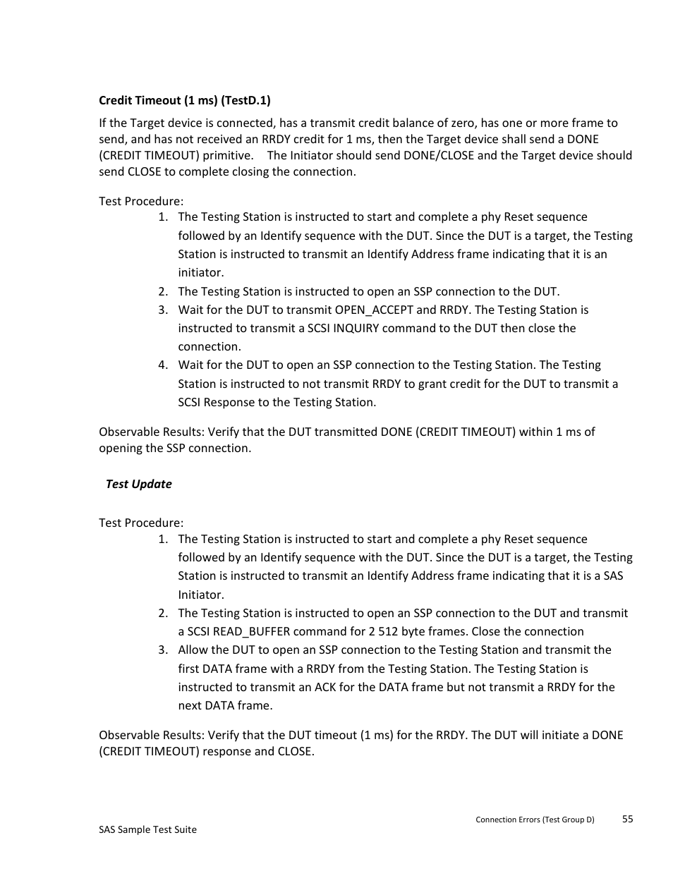 Connection errors (test group d), Test update, Credit timeout (1 ms) (testd.1) | Teledyne LeCroy SAS Sample Test Suite User Manual | Page 55 / 109