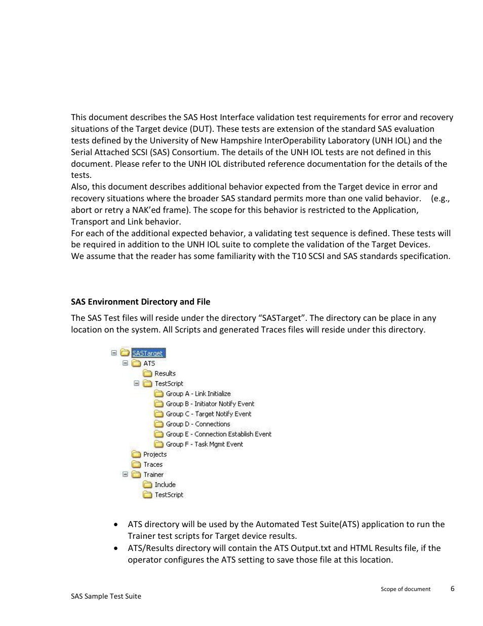 Introduction, Scope of document, Installation, configuration and operation | Sas environment directory and file | Teledyne LeCroy SAS Sample Test Suite User Manual | Page 6 / 109