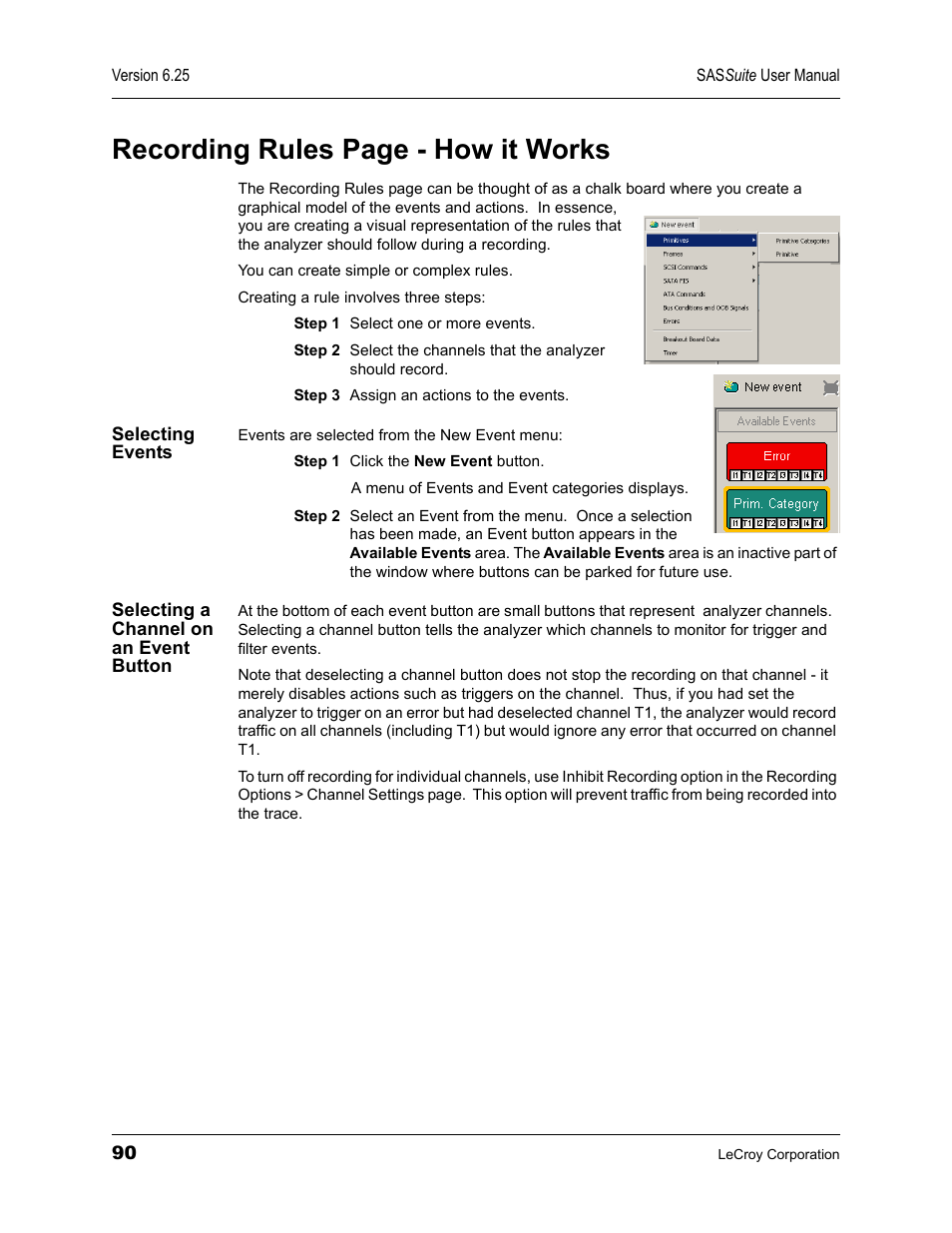 Selecting events, Selecting a channel on an event button, Recording rules page - how it works | Teledyne LeCroy SAS Suite User Manual User Manual | Page 100 / 302