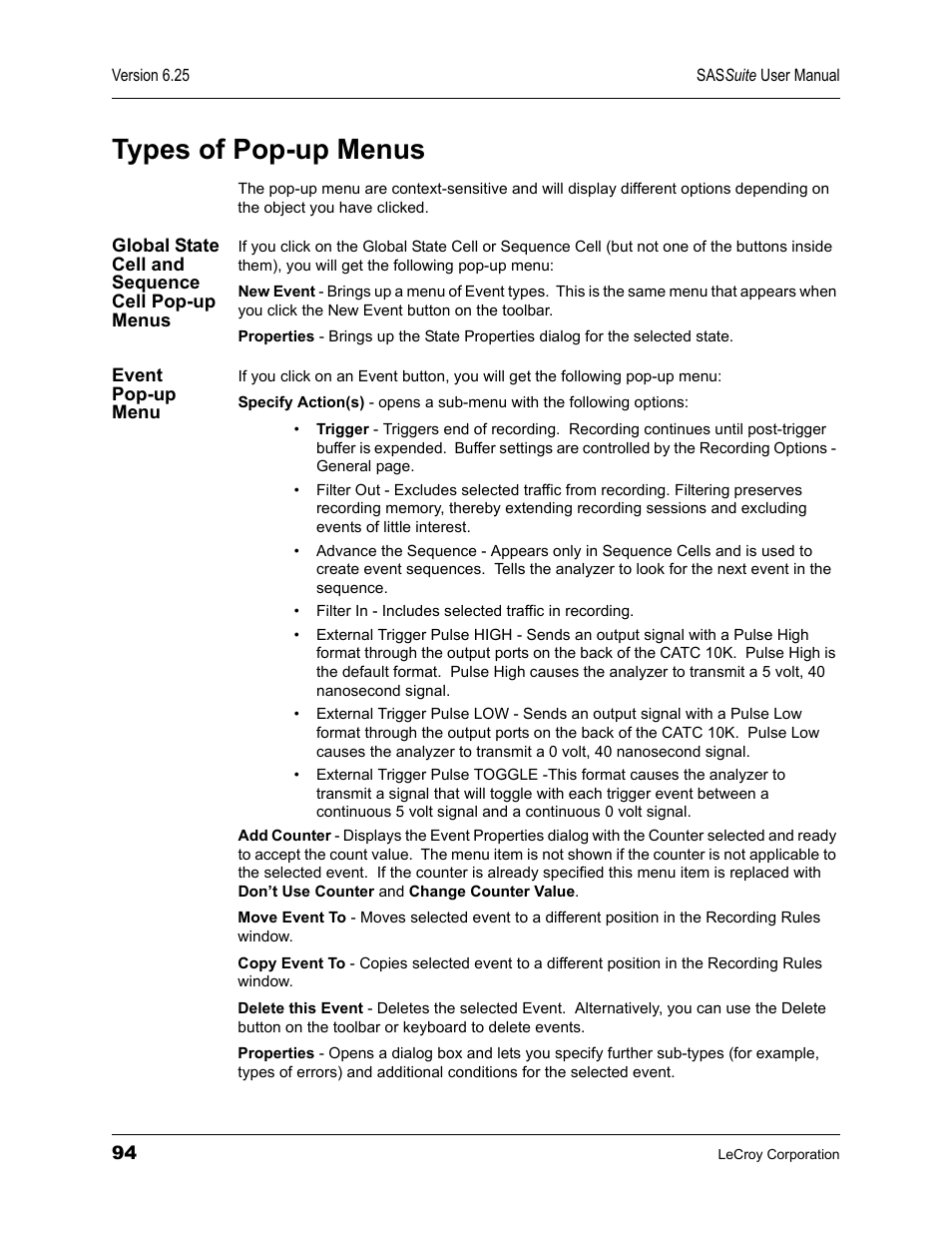 Types of pop-up menus, Global state cell and sequence cell pop-up menus, Event pop-up menu | Teledyne LeCroy SAS Suite User Manual User Manual | Page 104 / 302