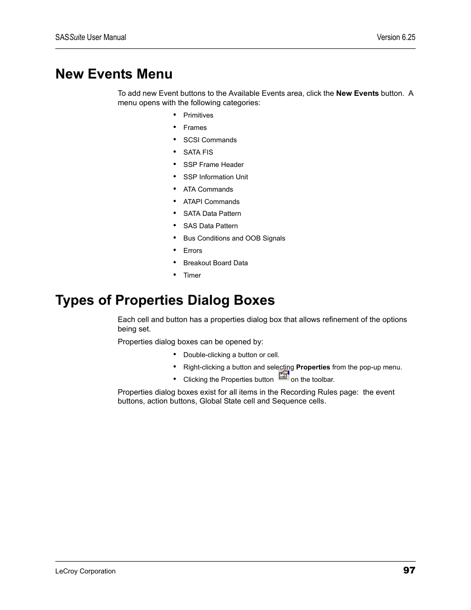 New events menu, Types of properties dialog boxes, New events menu types of properties dialog boxes | Teledyne LeCroy SAS Suite User Manual User Manual | Page 107 / 302