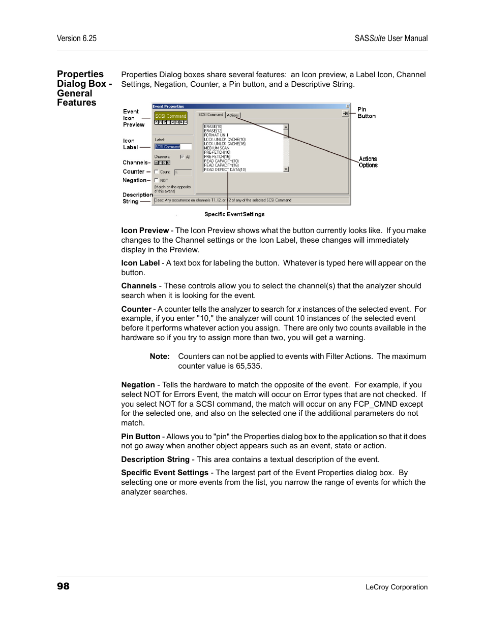 Properties dialog box - general features | Teledyne LeCroy SAS Suite User Manual User Manual | Page 108 / 302