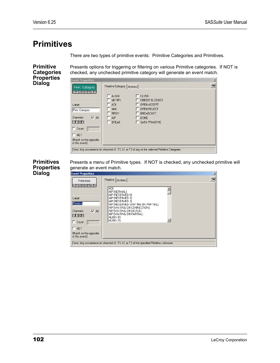 Primitives, Primitive categories properties dialog, Primitives properties dialog | Teledyne LeCroy SAS Suite User Manual User Manual | Page 112 / 302