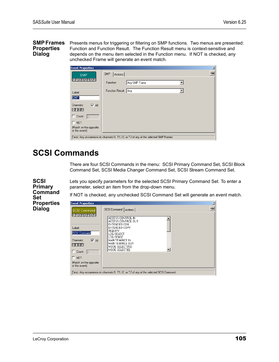 Smp frames properties dialog, Scsi commands, Scsi primary command set properties dialog | Teledyne LeCroy SAS Suite User Manual User Manual | Page 115 / 302