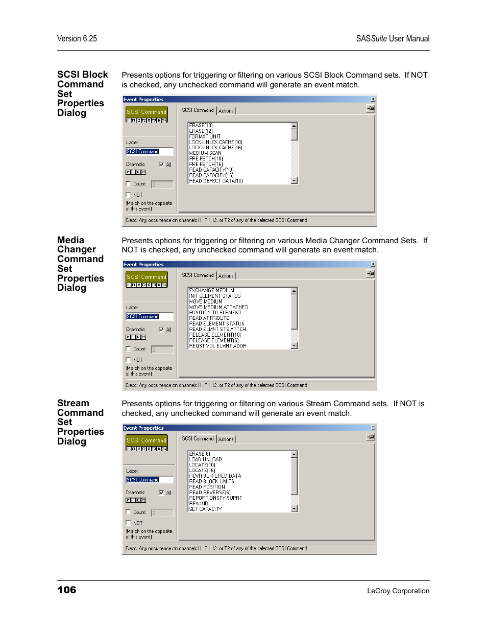 Scsi block command set properties dialog, Media changer command set properties dialog, Stream command set properties dialog | Teledyne LeCroy SAS Suite User Manual User Manual | Page 116 / 302