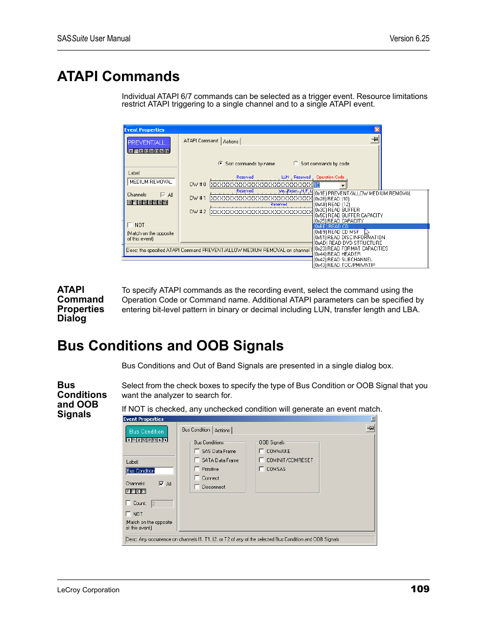 Atapi commands, Atapi command properties dialog, Bus conditions and oob signals | Teledyne LeCroy SAS Suite User Manual User Manual | Page 119 / 302