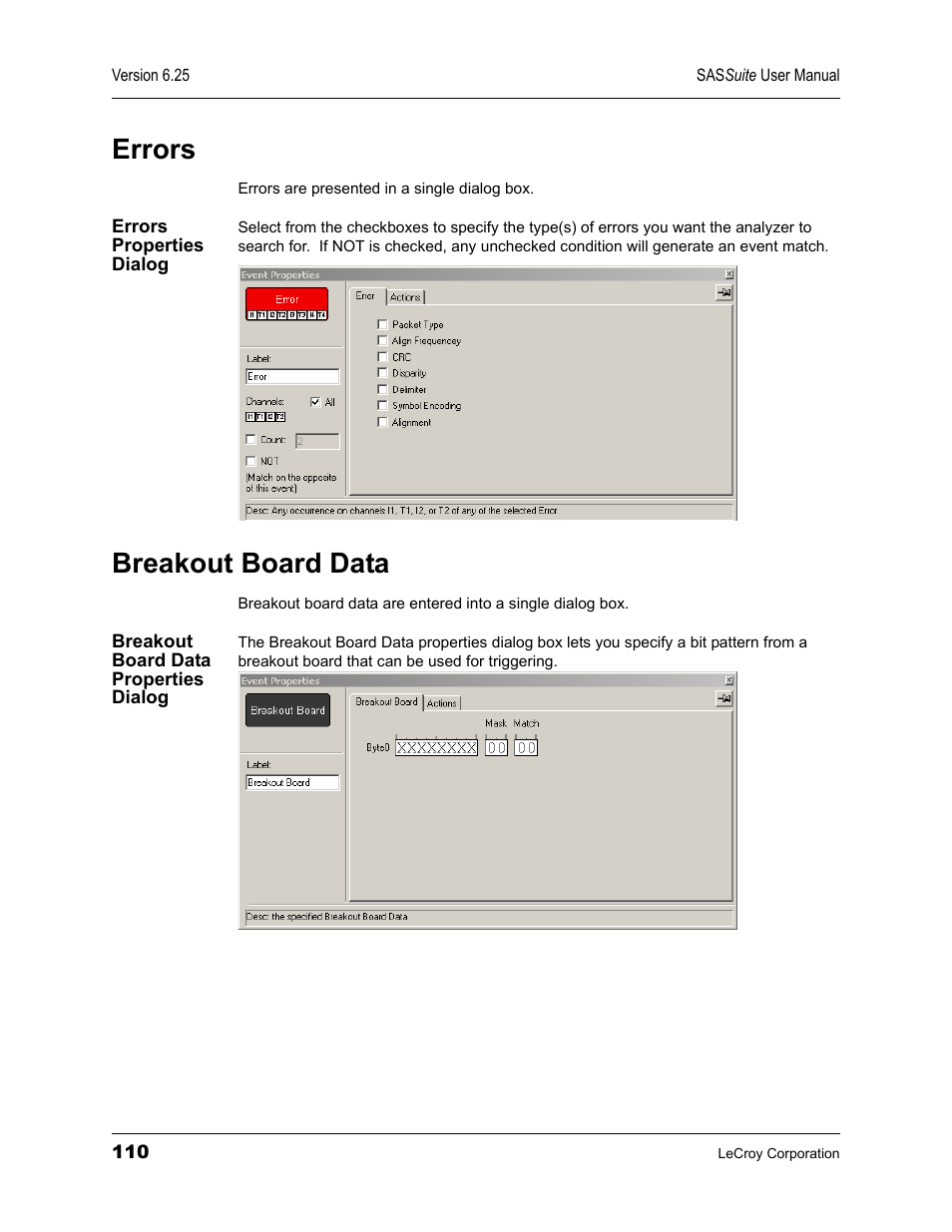 Errors, Errors properties dialog, Breakout board data | Breakout board data properties dialog | Teledyne LeCroy SAS Suite User Manual User Manual | Page 120 / 302