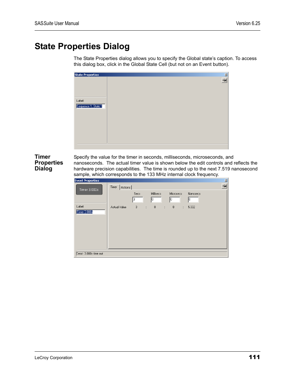 State properties dialog, Timer properties dialog | Teledyne LeCroy SAS Suite User Manual User Manual | Page 121 / 302