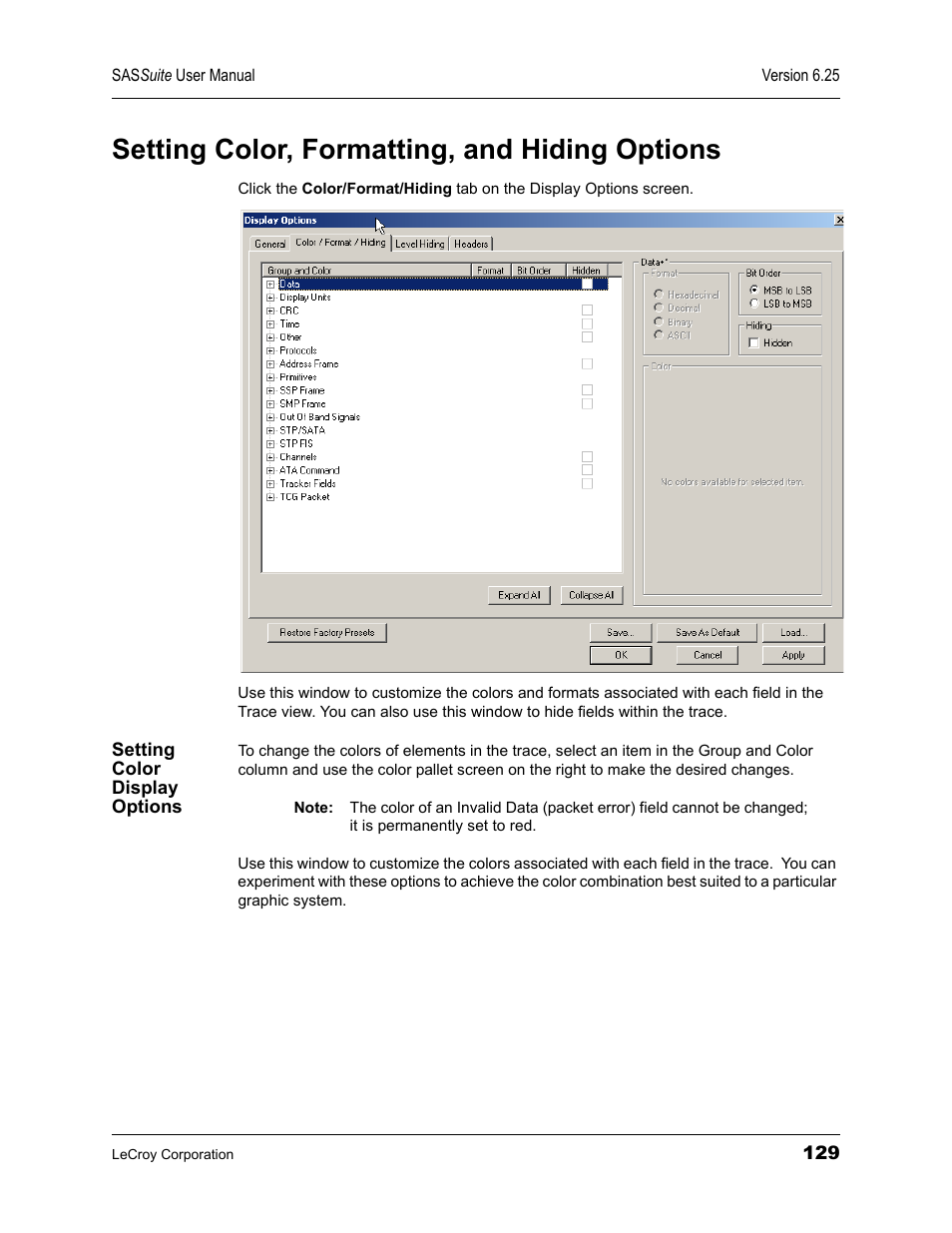 Setting color, formatting, and hiding options, Setting color display options | Teledyne LeCroy SAS Suite User Manual User Manual | Page 139 / 302