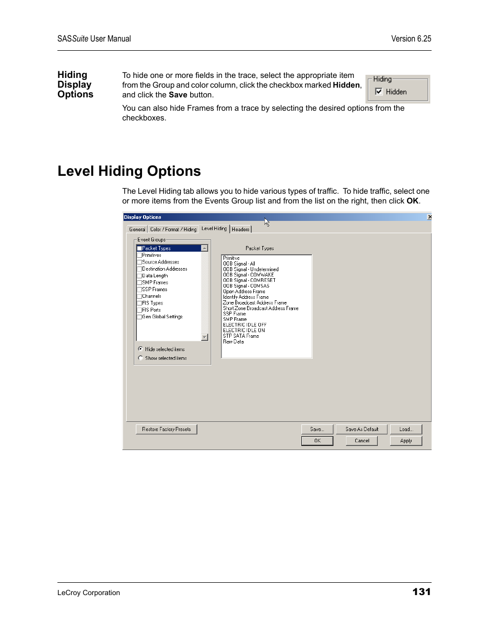 Hiding display options, Level hiding options | Teledyne LeCroy SAS Suite User Manual User Manual | Page 141 / 302