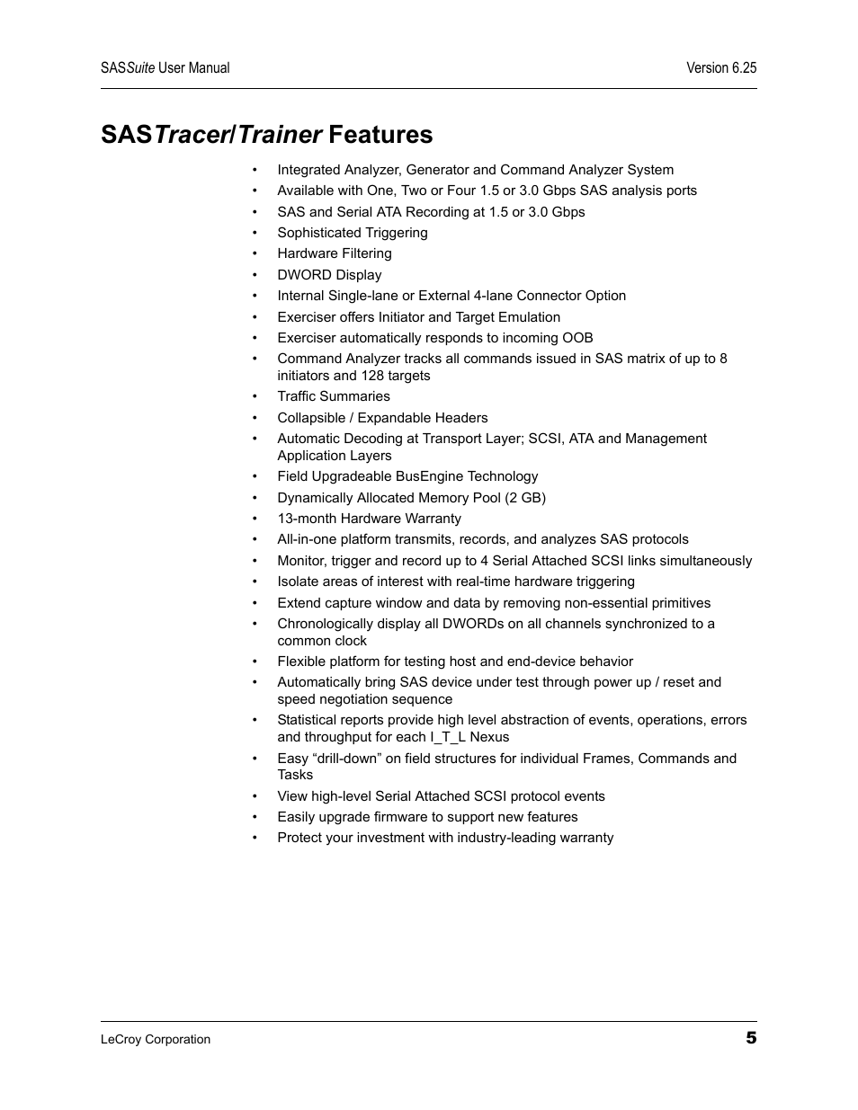 Sastracer/trainer features, Sas tracer / trainer features | Teledyne LeCroy SAS Suite User Manual User Manual | Page 15 / 302