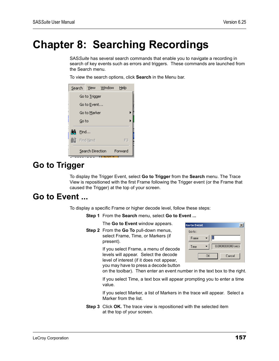 Chapter 8: searching recordings, Go to trigger, Go to event | Chapter 8, Searching recordings, Go to trigger go to event | Teledyne LeCroy SAS Suite User Manual User Manual | Page 167 / 302