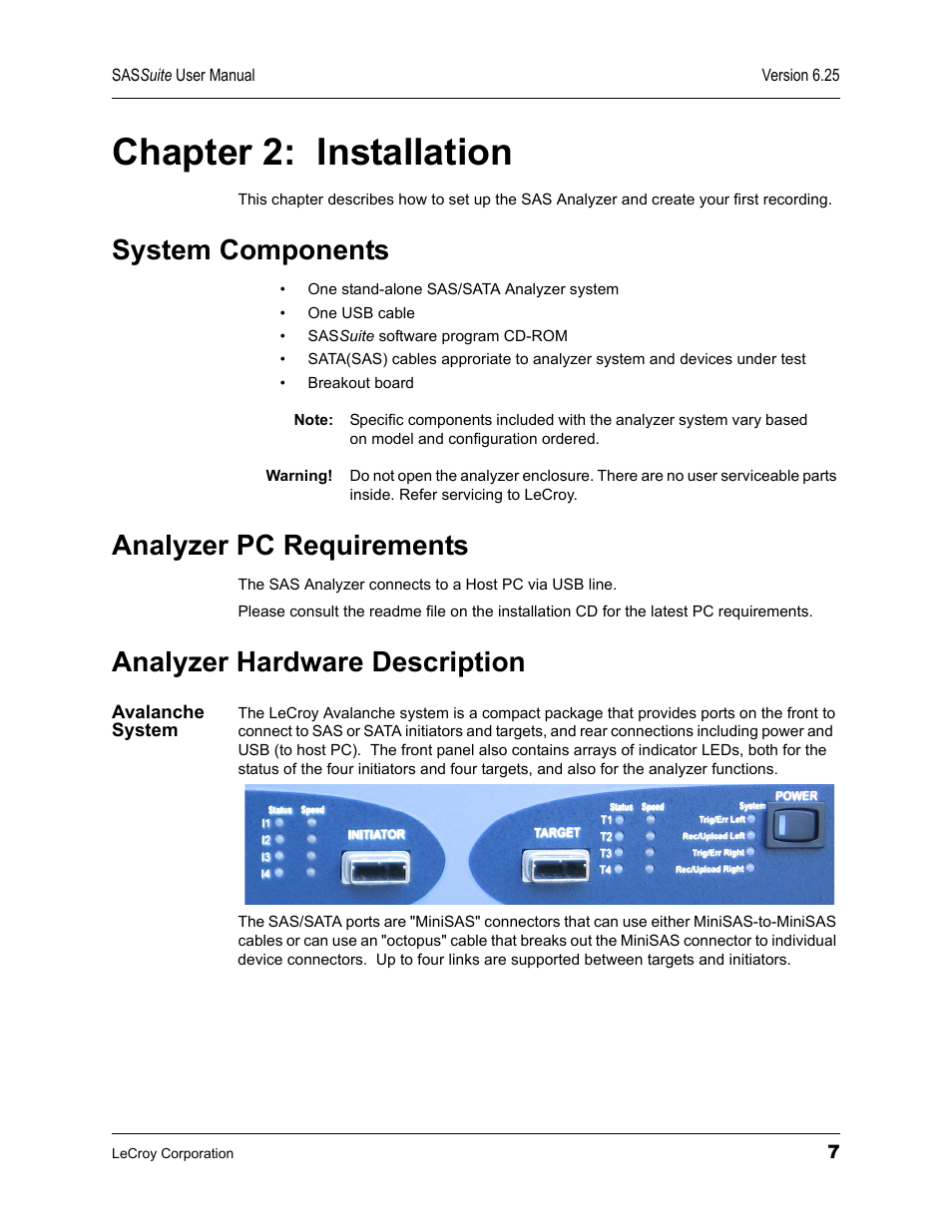 Chapter 2: installation, System components, Analyzer pc requirements | Analyzer hardware description, Avalanche system, Chapter 2, Installation | Teledyne LeCroy SAS Suite User Manual User Manual | Page 17 / 302