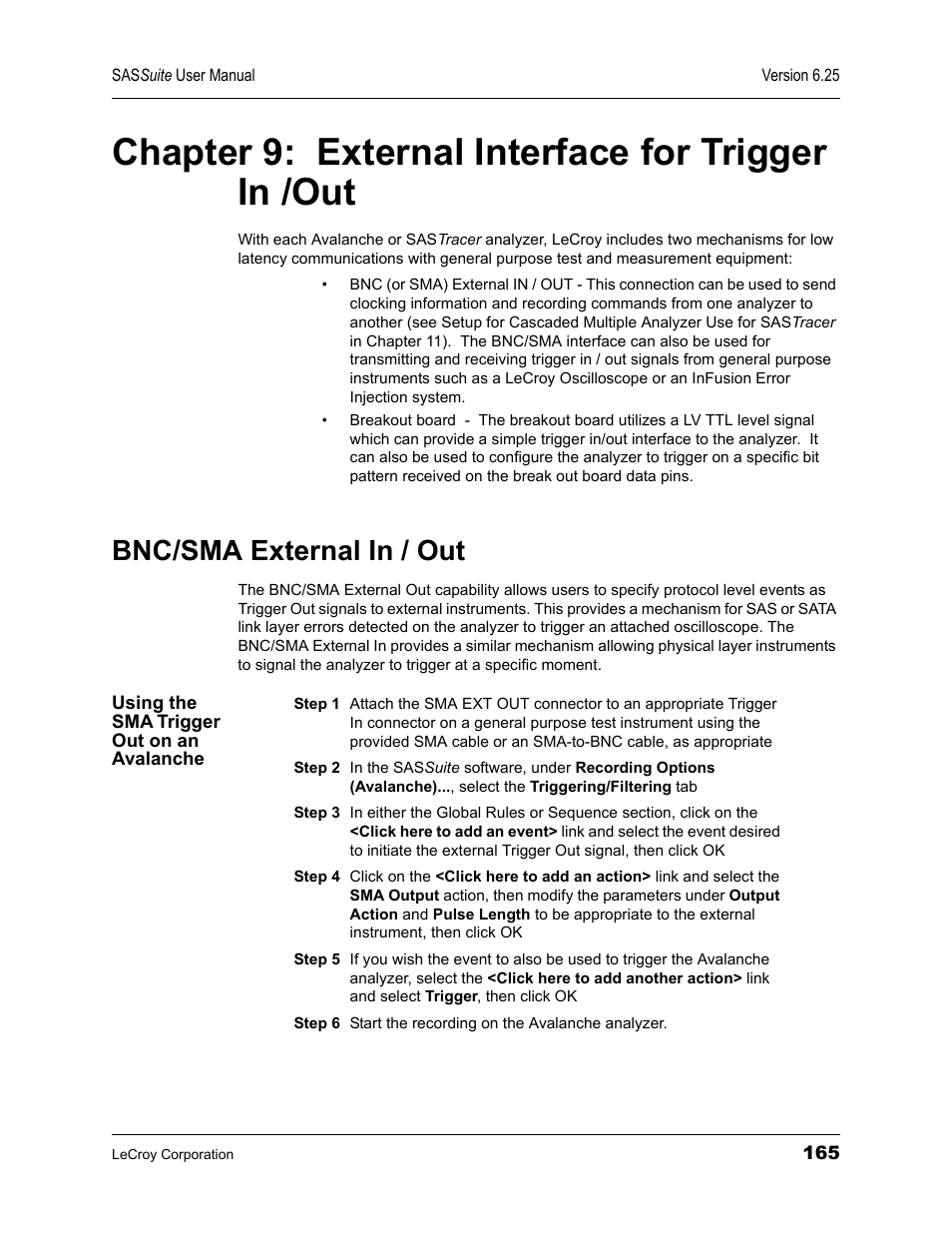 Chapter 9: external interface for trigger in /out, Bnc/sma external in / out, Using the sma trigger out on an avalanche | Chapter 9, External interface for trigger in /out | Teledyne LeCroy SAS Suite User Manual User Manual | Page 175 / 302