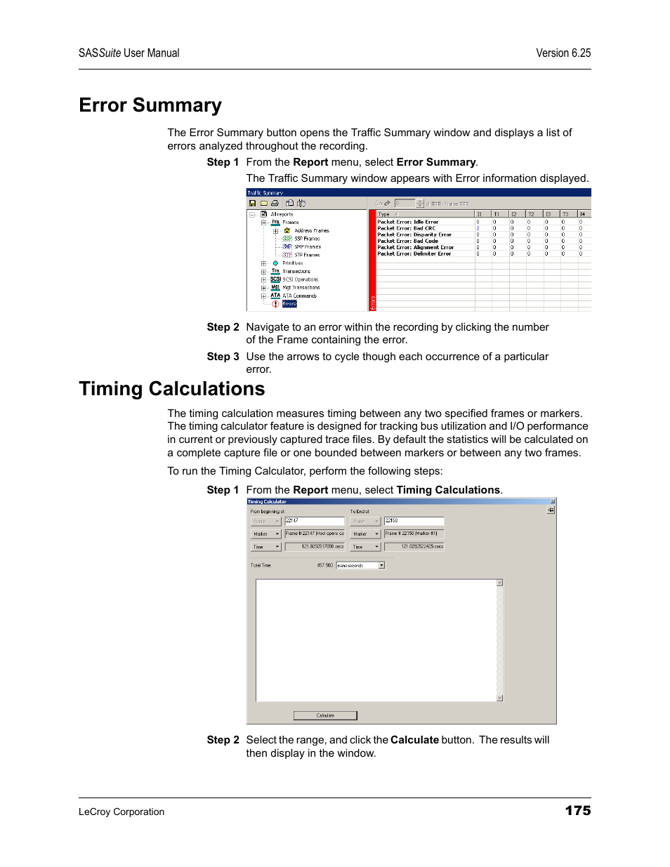 Error summary, Timing calculations, Error summary timing calculations | Teledyne LeCroy SAS Suite User Manual User Manual | Page 185 / 302