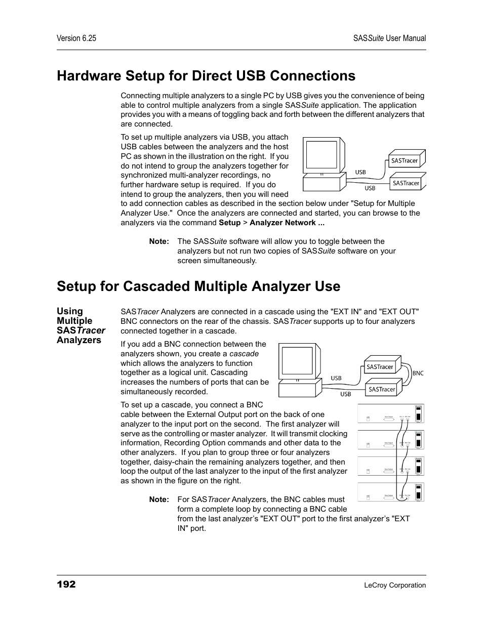 Hardware setup for direct usb connections, Setup for cascaded multiple analyzer use, Using multiple sastracer analyzers | Teledyne LeCroy SAS Suite User Manual User Manual | Page 202 / 302