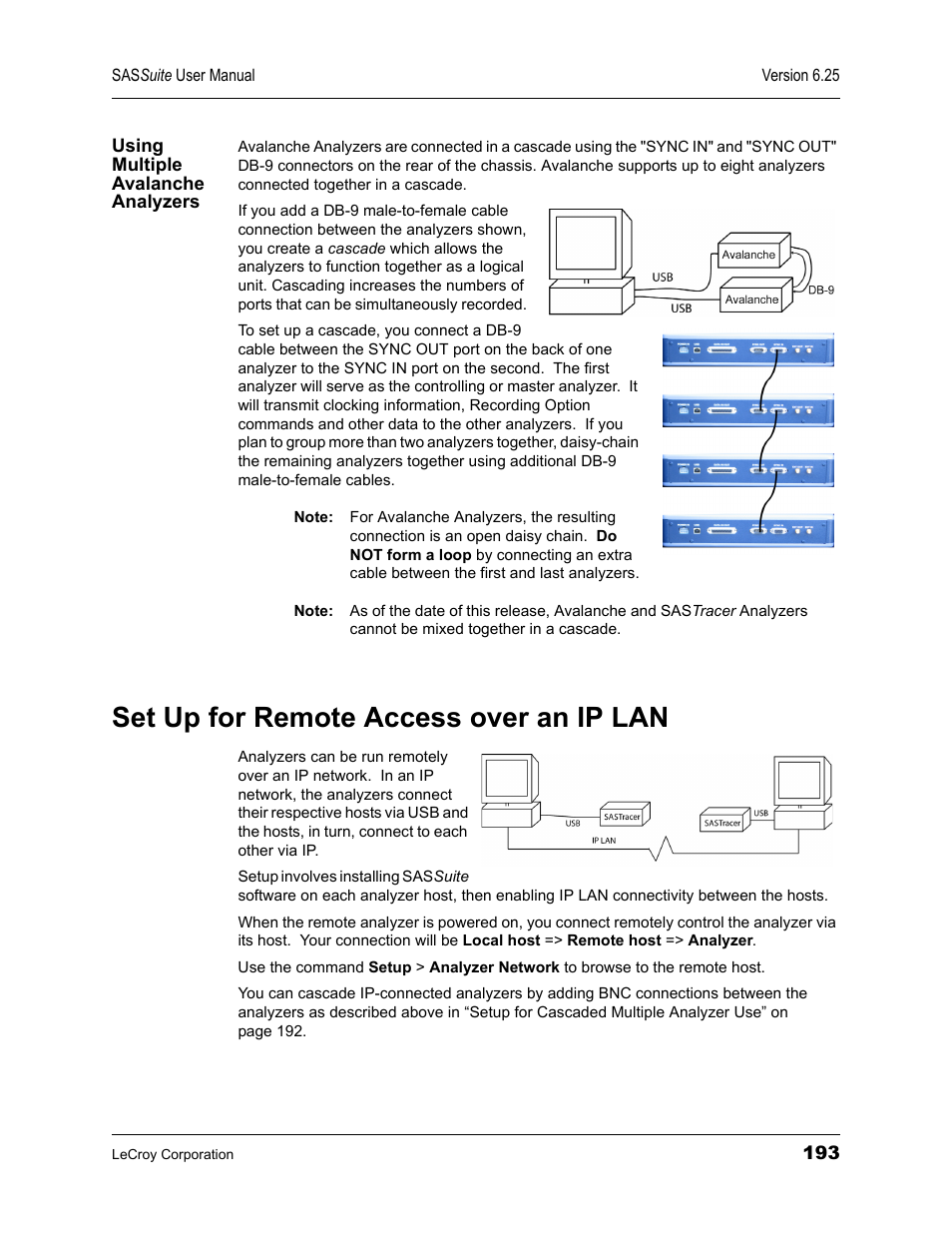 Using multiple avalanche analyzers, Set up for remote access over an ip lan | Teledyne LeCroy SAS Suite User Manual User Manual | Page 203 / 302