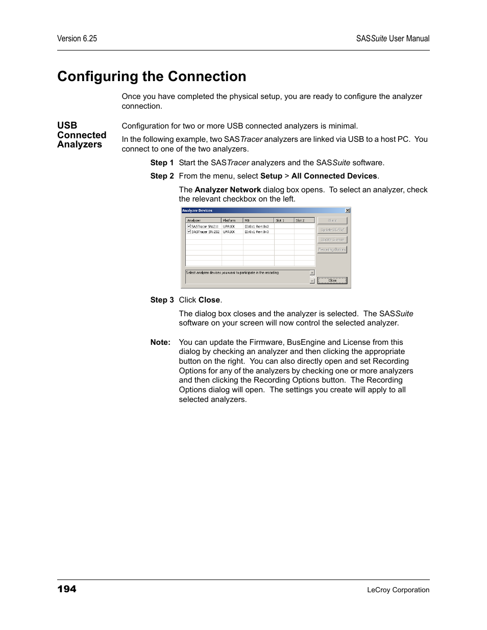 Configuring the connection, Usb connected analyzers | Teledyne LeCroy SAS Suite User Manual User Manual | Page 204 / 302