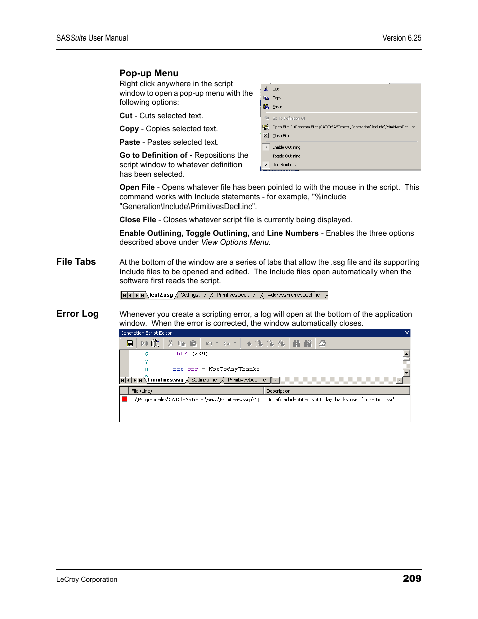 File tabs, Error log, File tabs error log | Teledyne LeCroy SAS Suite User Manual User Manual | Page 219 / 302